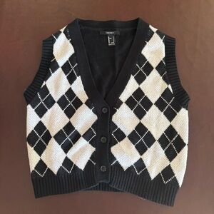 Forever 21 Black and White Argyle Cardigan Vest, Button Up, Sleeveless, Size Sm